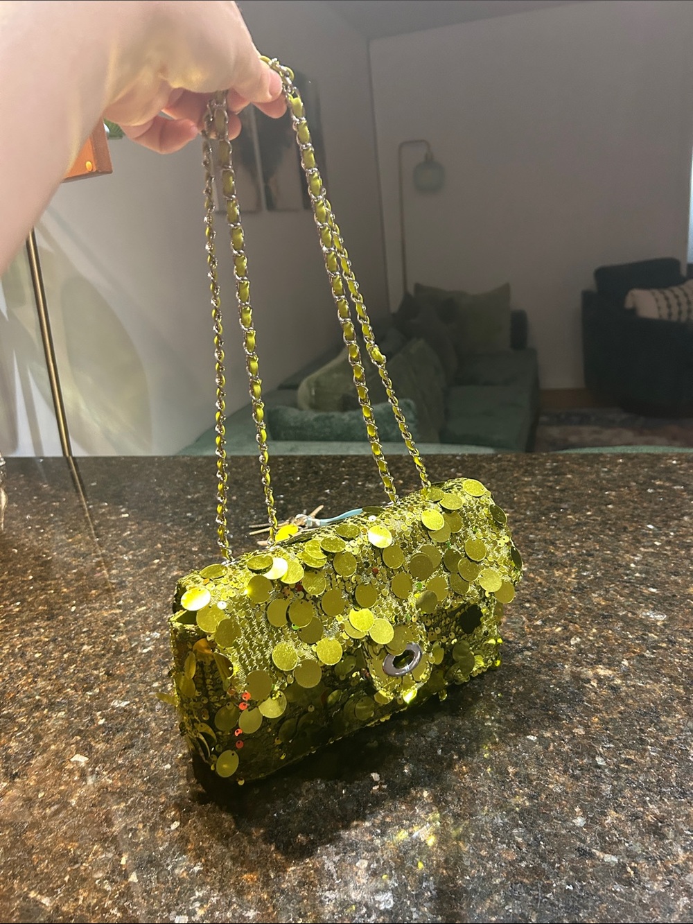Sequined Green Shoulder Bag with Chain Strap